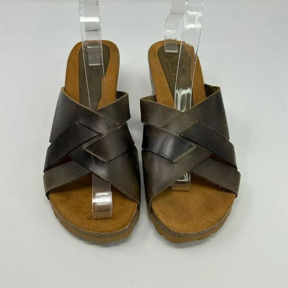 Yokono Women's Brown Leather Slip-On Wedge Sandals Size 9 Comfort Summer